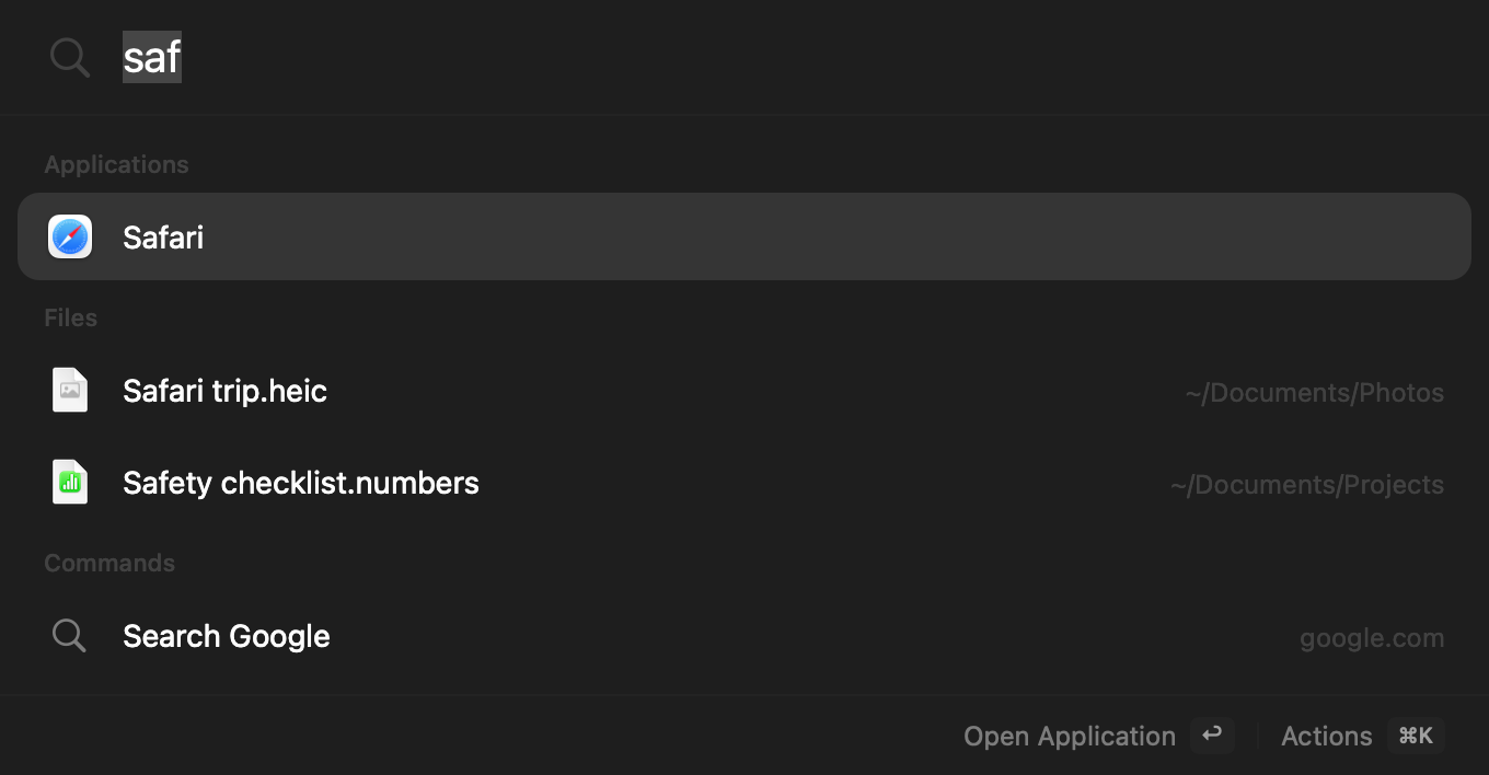 Jevcast with “saf” typed. Results: Safari under Applications, the files Safari trip.heic and Safety checklist.numbers, and Search Google.